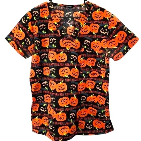 Halloween Pumpkin Scrub Top 2XL Short Sleeve VNeck Pockets Just Love - Picture 1 of 3
